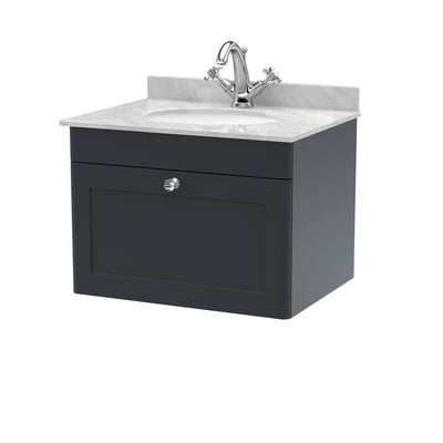 Classique 600mm Wall Hung Vanity Unit With 1 Drawer With Grey Marble Worktop With Round Basin - Soft Black