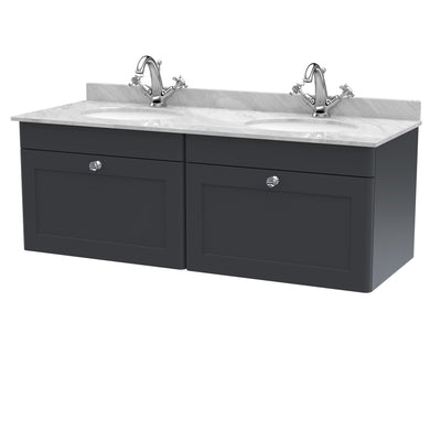 Classique 1200mm Wall Hung Vanity Unit With 2 Drawers With Grey Marble Worktop With 2 Round Basins - Soft Black