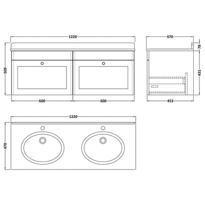 Classique 1200mm Wall Hung Vanity Unit With 2 Drawers With Grey Marble Worktop With 2 Round Basins - Soft Black