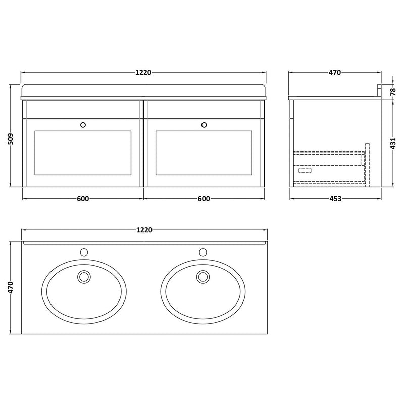 Classique 1200mm Wall Hung Vanity Unit With 2 Drawers With Grey Marble Worktop With 2 Round Basins - Soft Black