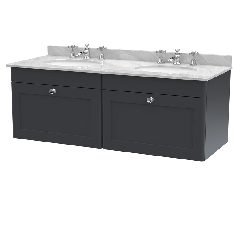 Classique 1200mm Wall Hung Vanity Unit With 2 Drawers With Grey Marble Worktop With 2 Round Basins - Soft Black