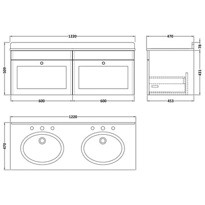 Classique 1200mm Wall Hung Vanity Unit With 2 Drawers With Grey Marble Worktop With 2 Round Basins - Soft Black