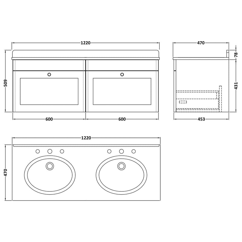 Classique 1200mm Wall Hung Vanity Unit With 2 Drawers With Grey Marble Worktop With 2 Round Basins - Soft Black