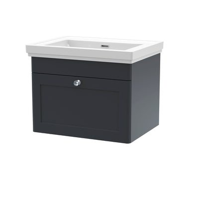 Classique 600mm Wall Hung Vanity Unit With 1 Drawer With Fireclay Basin - Soft Black