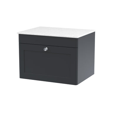 Classique 600mm Wall Hung Vanity Unit With 1 Drawer With White Marble Worktop - Soft Black