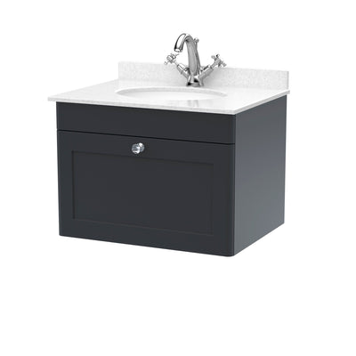 Classique 600mm Wall Hung Vanity Unit With 1 Drawer With White Marble Worktop With Round Basin - Soft Black