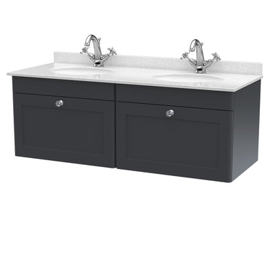 Classique 1200mm Wall Hung Vanity Unit With 2 Drawers With White Marble Worktop With 2 Round Basins - Soft Black