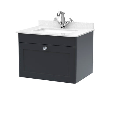 Classique 600mm Wall Hung Vanity Unit With 1 Drawer With White Marble Worktop With Square Basin - Soft Black