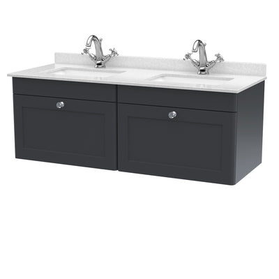 Classique 1200mm Wall Hung Vanity Unit With 2 Drawers With White Marble Worktop With 2 Square Basins - Soft Black