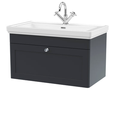 Classique 800mm Wall Hung Vanity Unit With 1 Drawer With Fireclay Basin - Soft Black