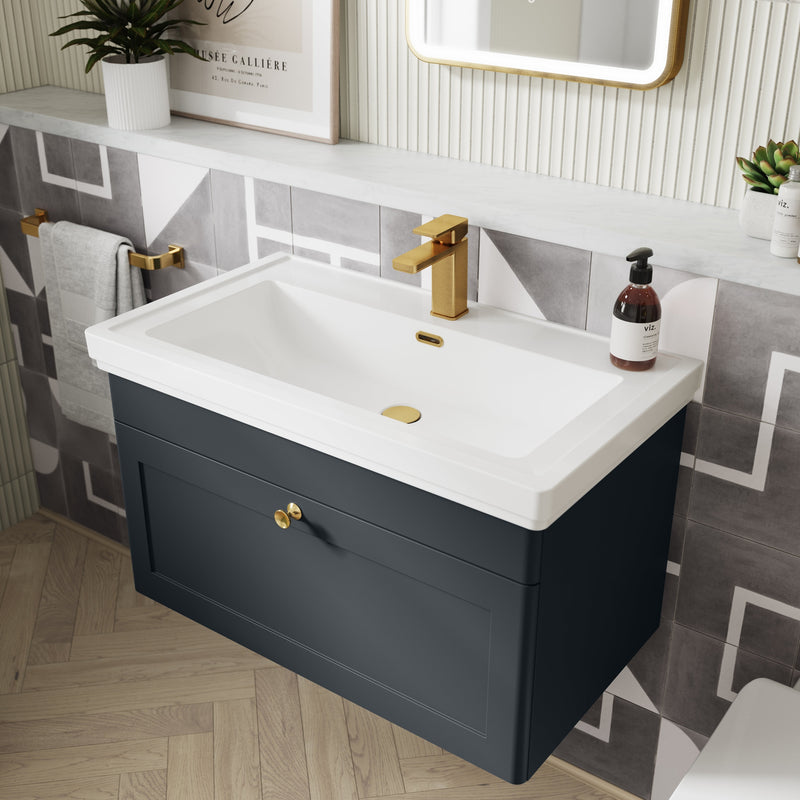 Classique 1200mm Wall Hung Vanity Unit With 2 Drawers With Grey Marble Worktop With 2 Round Basins - Soft Black