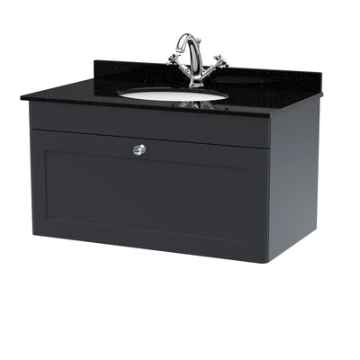 Classique 800mm Wall Hung Vanity Unit With 1 Drawer With Black Marble Worktop With Round Basin - Soft Black