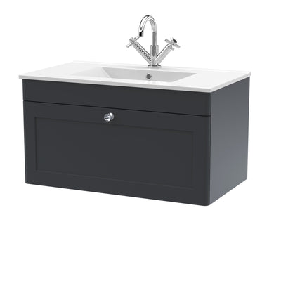 Classique 800mm Wall Hung Vanity Unit With 1 Drawer With Minimalist Ceramic Basin - Soft Black