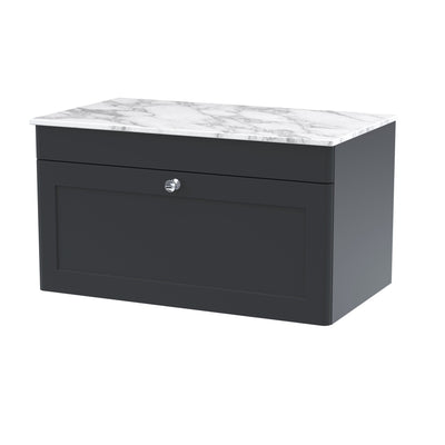 Classique 800mm Wall Hung Vanity Unit With 1 Drawer With Carrera Marble Worktop - Soft Black