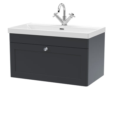 Classique 800mm Wall Hung Vanity Unit With 1 Drawer With Thin Edge Ceramic Basin - Soft Black