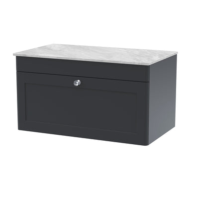 Classique 800mm Wall Hung Vanity Unit With 1 Drawer With Grey Marble Worktop - Soft Black