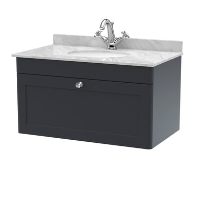 Classique 800mm Wall Hung Vanity Unit With 1 Drawer With Grey Marble Worktop With Round Basin - Soft Black