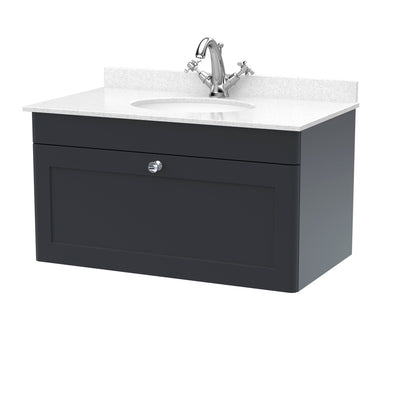 Classique 800mm Wall Hung Vanity Unit With 1 Drawer With White Marble Worktop With Round Basin - Soft Black