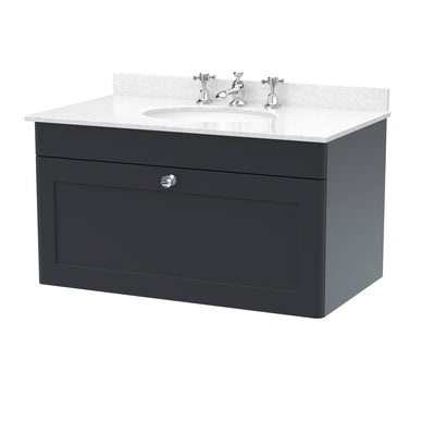 Classique 800mm Wall Hung Vanity Unit With 1 Drawer With White Marble Worktop With Round Basin - Soft Black