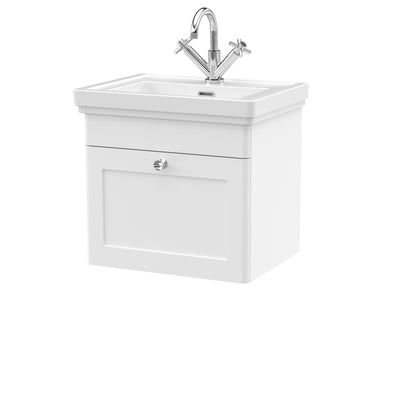 Classique 500mm Wall Hung Vanity Unit With 1 Drawer With Fireclay Basin - Satin White