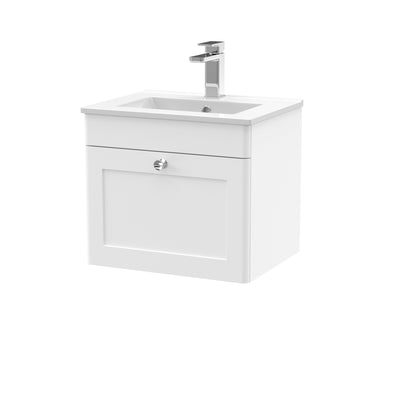 Classique 500mm Wall Hung Vanity Unit With 1 Drawer With Minimalist Ceramic Basin - Satin White