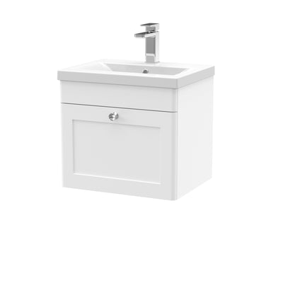 Classique 500mm Wall Hung Vanity Unit With 1 Drawer With Mid Edge Ceramic Basin - Satin White