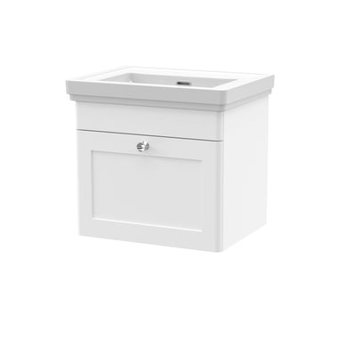 Classique 500mm Wall Hung Vanity Unit With 1 Drawer With Fireclay Basin - Satin White