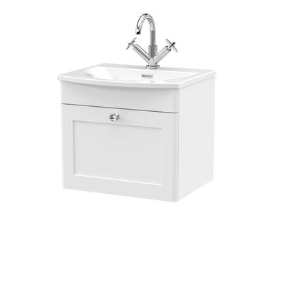 Classique 500mm Wall Hung Vanity Unit With 1 Drawer With Curved Ceramic Basin - Satin White