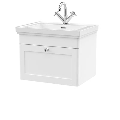 Classique 600mm Wall Hung Vanity Unit With 1 Drawer With Fireclay Basin - Satin White