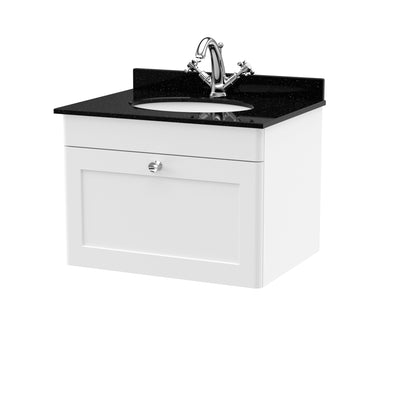 Classique 600mm Wall Hung Vanity Unit With 1 Drawer With Black Marble Worktop With Round Basin - Satin White