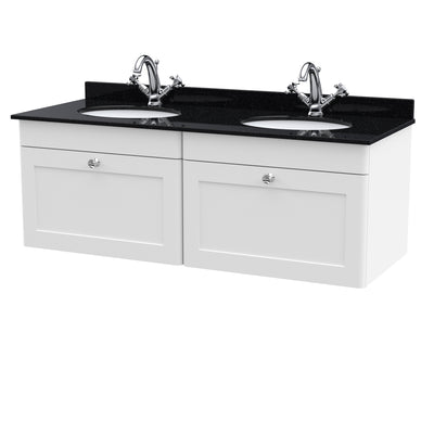 Classique 1200mm Wall Hung Vanity Unit With 2 Drawers With Black Marble Worktop With 2 Round Basins - Satin White