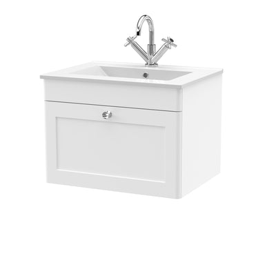 Classique 600mm Wall Hung Vanity Unit With 1 Drawer With Minimalist Ceramic Basin - Satin White