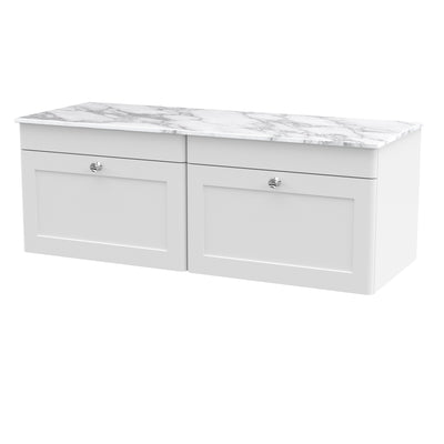 Classique 1200mm Wall Hung Vanity Unit With 2 Drawers With Carrera Marble Worktop - Satin White