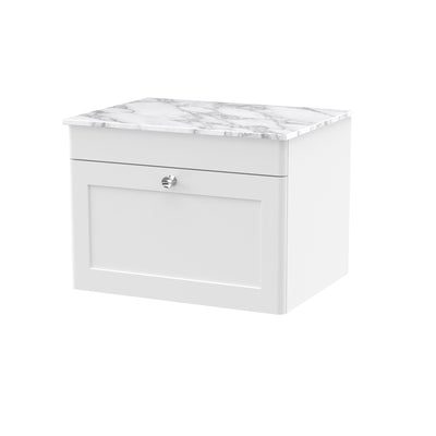 Classique 600mm Wall Hung Vanity Unit With 1 Drawer With Carrera Marble Worktop - Satin White