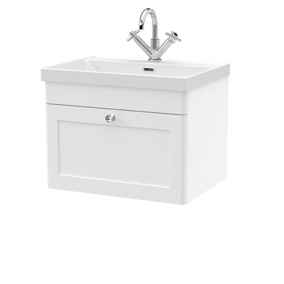 Classique 600mm Wall Hung Vanity Unit With 1 Drawer With Thin Edge Ceramic Basin - Satin White