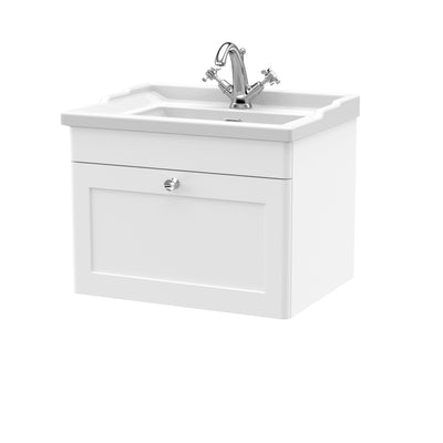 Classique 600mm Wall Hung Vanity Unit With 1 Drawer With Traditional Basin - Satin White