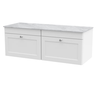 Classique 1200mm Wall Hung Vanity Unit With 2 Drawers With Grey Marble Worktop - Satin White