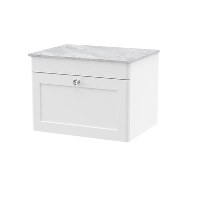 Classique 600mm Wall Hung Vanity Unit With 1 Drawer With Grey Marble Worktop - Satin White