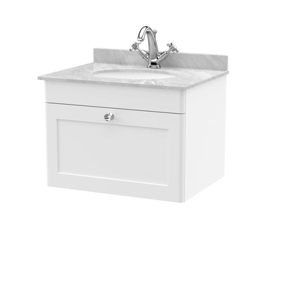 Classique 600mm Wall Hung Vanity Unit With 1 Drawer With Grey Marble Worktop With Round Basin - Satin White