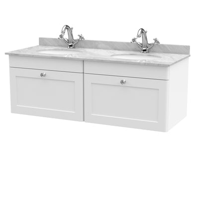 Classique 1200mm Wall Hung Vanity Unit With 2 Drawers With Grey Marble Worktop With 2 Round Basins - Satin White