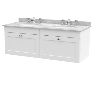 Classique 1200mm Wall Hung Vanity Unit With 2 Drawers With Grey Marble Worktop With 2 Round Basins - Satin White