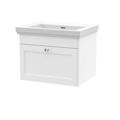 Classique 600mm Wall Hung Vanity Unit With 1 Drawer With Fireclay Basin - Satin White