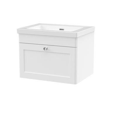 Classique 600mm Wall Hung Vanity Unit With 1 Drawer With Contemporary Basin - Satin White