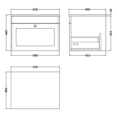 Classique 600mm Wall Hung Vanity Unit With 1 Drawer With White Marble Worktop - Satin White