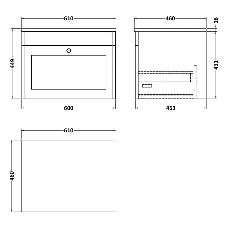 Classique 600mm Wall Hung Vanity Unit With 1 Drawer With White Marble Worktop - Satin White