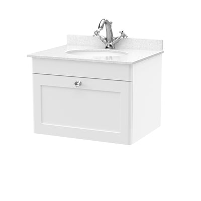 Classique 600mm Wall Hung Vanity Unit With 1 Drawer With White Marble Worktop With Round Basin - Satin White