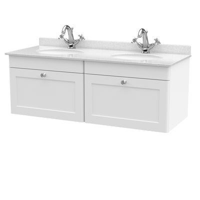 Classique 1200mm Wall Hung Vanity Unit With 2 Drawers With White Marble Worktop With 2 Round Basins - Satin White