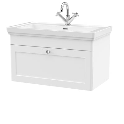 Classique 800mm Wall Hung Vanity Unit With 1 Drawer With Fireclay Basin - Satin White