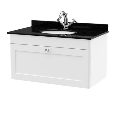 Classique 800mm Wall Hung Vanity Unit With 1 Drawer With Black Marble Worktop With Round Basin - Satin White