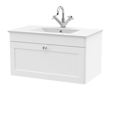 Classique 800mm Wall Hung Vanity Unit With 1 Drawer With Minimalist Ceramic Basin - Satin White